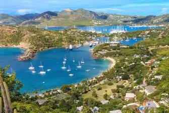 The view from Shirley Heights across English Harbour and, beyond, Falmouth Harbour