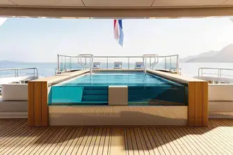 An inviting 6.5m (21.4ft) glass-bottomed pool on the main deck aft