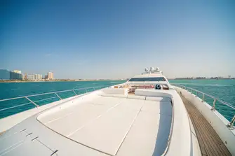 As well as open air dining and a sun lounge on the main deck aft, she also has a foredeck lounge and a huge sunpad