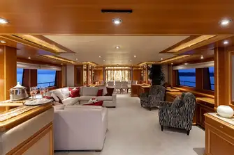 Looking forward in the main saloon, from the bar and lounge to the dining area