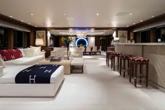There is formal dining forward in the main saloon and panels in the bar slide back to reveal a large TV for movie nights