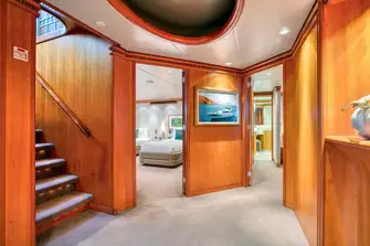 Steps from the main deck dining room lead down to the lower deck guest accommodation