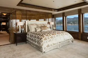 The owner's suite on the private owner's deck has a lounge, his-and-hers bathrooms and dressing rooms, office, saloon and a huge terrace aft