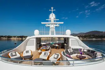 The huge sun deck various lounge areas, open-air dining, a wet bar and a glass-fronted jacuzzi