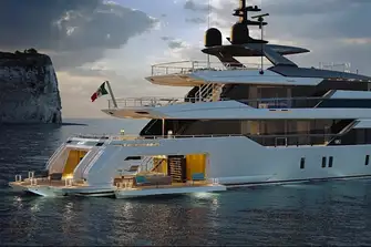 Shipyard render: This shows the beach club open on three sides and also the glazed cut-out bulwarks and floor-to-ceiling glass that deliver such breath-taking sightlines