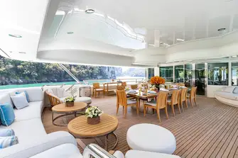 Open-air dining on the BBQ deck aft, with a second option on the bridge deck aft