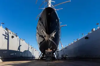 The yacht adopted this temporary 180m floating nest in September 2022