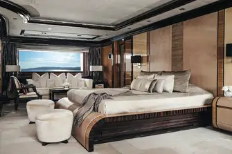 The main deck owner's suite is full beam and duplex