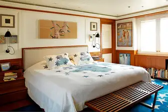 The owner's suite is forward on the main deck and has private deck access as well as an entrance in the main lobby