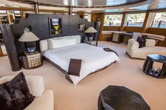 The owner's bedroom forward on a dedicated private deck