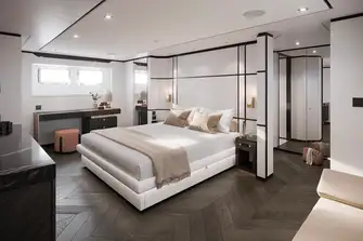 The VIP suite, one of two full-beam suites, is forward on the main deck