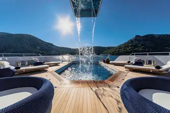 The chuckling sound of falling water brings joy to the main deck aft