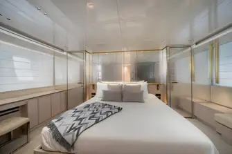 The full-beam owner's suite is midships on the lower deck for maximum comfort