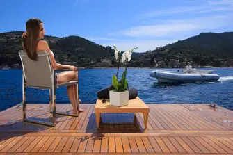 With the transom door lowered, she has a large swim platform