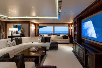 Blackout blinds turn the main saloon into a cinema room