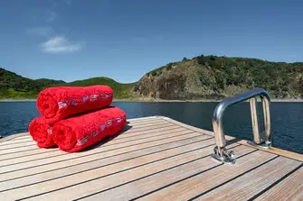Dive in! The hydraulic transom becomes the ideal swim platform