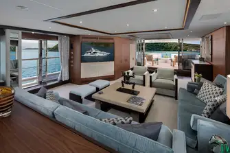 The main saloon has amazing views through full-height sliding glass doors