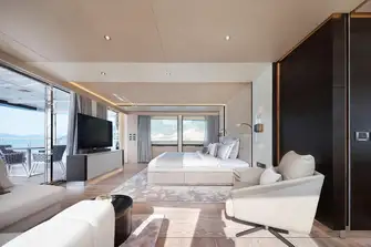 The owner's suite is aft facing on the upper deck, with its own private terrace