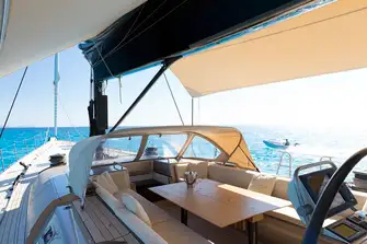 The line-free guest cockpit can be used underway or at anchor and the sprayhood and bimini are both removable
