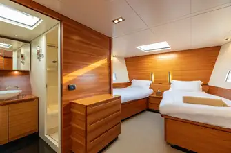 The owner's suite in the forecabin, with two outsize singles that can convert into a huge double