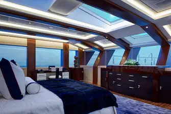 The owner's suite forward on the upper deck with its huge skylight