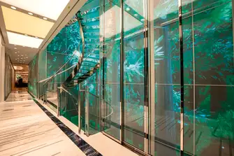 The interactive video wall rises five decks