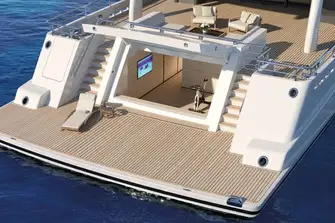 Large swim platform, main deck aft and beach club