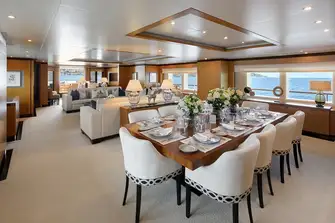 Formal dining area and lounge looking aft in the main saloon