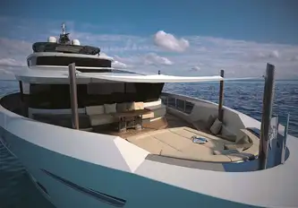 The owner's terrace has a sunpad covering the yacht's anchoring equipment