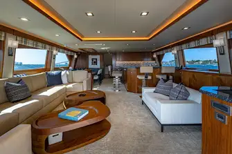 Looking forward in the main saloon towards the breakfast bar galley and dining table