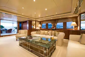Looking aft in the main saloon with the formal dining area out of shot to the right