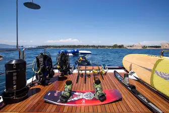 The transom door folds down to create a large swim platform