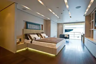 Folding balconies port and starboard in the full-beam owner's suite