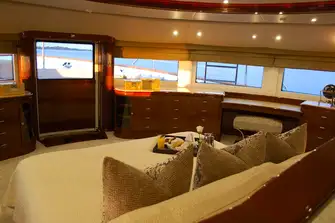 The owner's bedroom has wraparound views and access to the foredeck