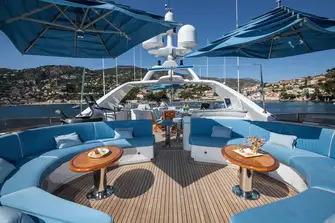 The forward sun deck has a large convivial lounge area