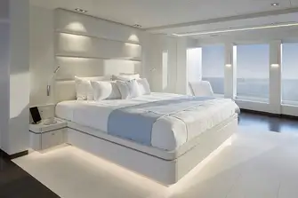 Full-height windows in the full-beam owner's suite on the main deck