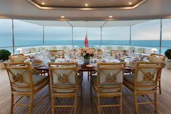 Open air dining on the upper deck aft