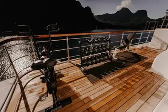 The free weights area on the flybridge deck to port