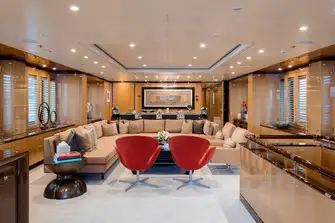 Looking forward in the main saloon, lined with large windows
