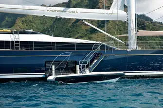 Guests board via a shell door platform and retractable steps to starboard