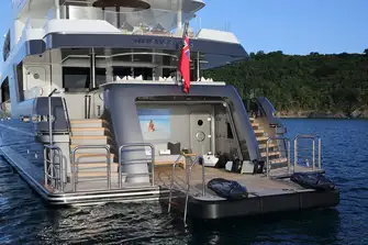 The beach club with large swim platform