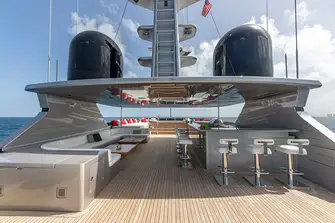 Sun deck bar, lounge, BBQ, jacuzzi forward and large versatile space aft