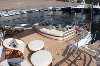 The raised jacuzzi aft on the main deck, added during an extensive 2014 refit