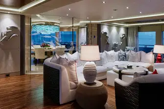 Looking aft from the upper deck lounge into the dining area